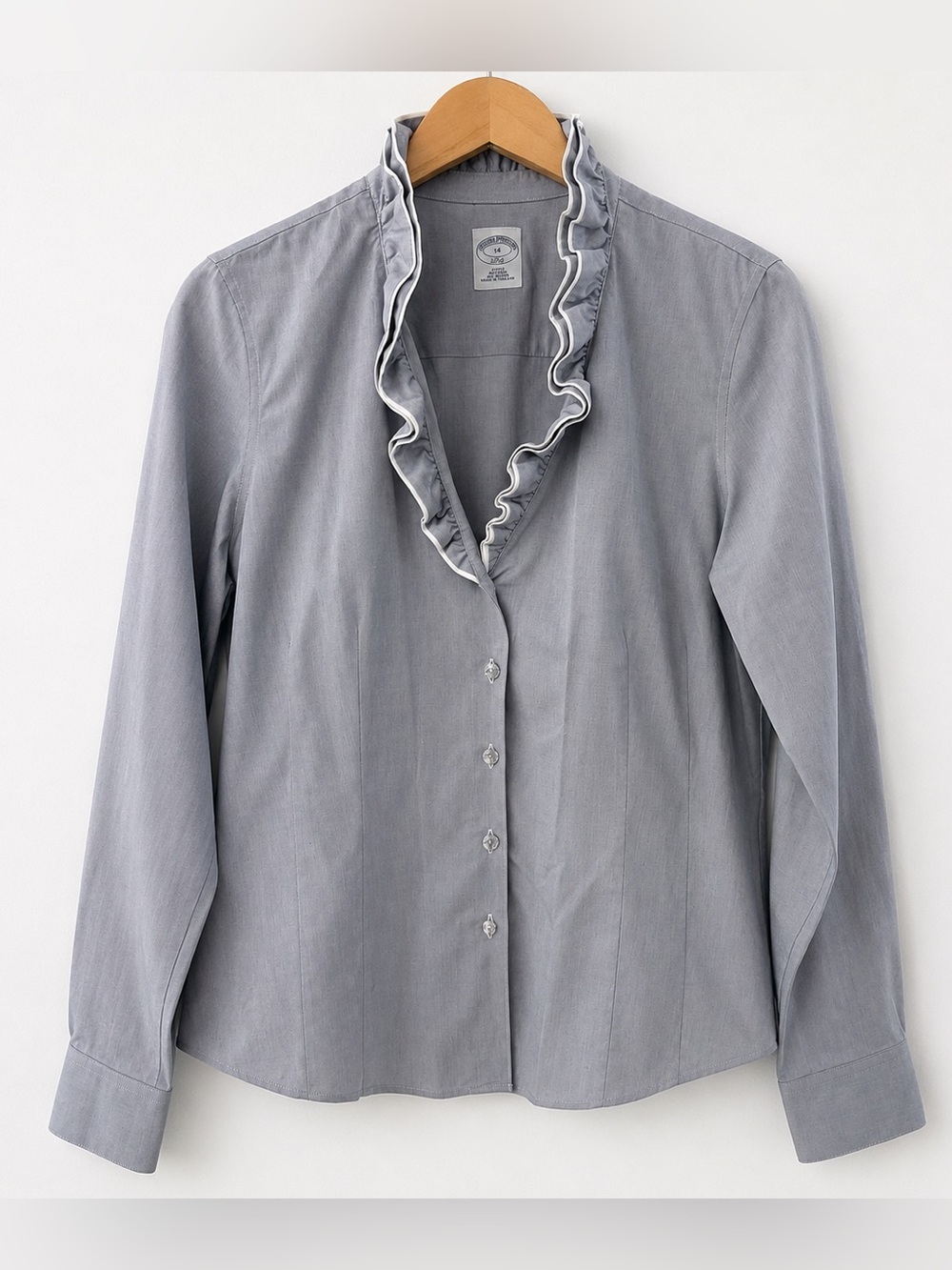 Brooks Brothers 346 Y2K Gray Ruffle Trim Fitted Button Front Shirt Size 14